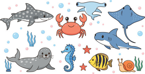 Cute Cartoon Sea Animals Vector Set with Shark Ray Seal Crab Seahorse Snail and Fish Illustration © Sumon Creative
