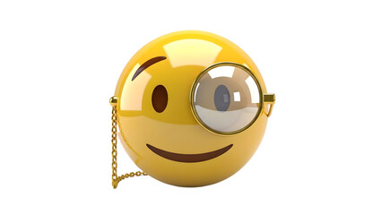 A shiny yellow smiley face emoticon wearing a gold chain purse with a magnifying glass on one eye smiling widely on a white background with happy and funny