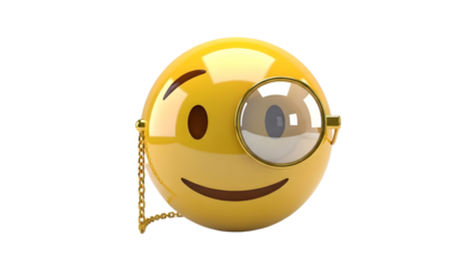 A shiny yellow smiley face emoticon wearing a gold chain purse with a magnifying glass on one eye smiling widely on a white background with happy and funny
