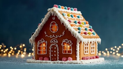 Festive gingerbread house decorated with icing candy and lights stands on snowy surface evoking cozy winter holidays family traditions and sweet celebration
