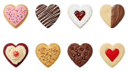 Heart shaped cookies set including frosted, chocolate, jam filled, and nut topped variants isolated. Valentine Day bakery and dessert collection.