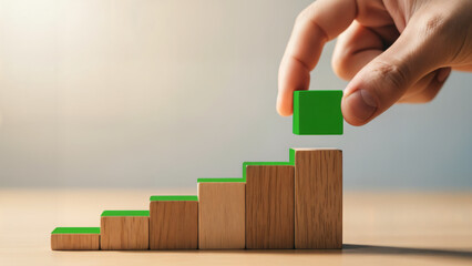 Growth Milestone: Hand Placing Green Block on Rising Block Steps

