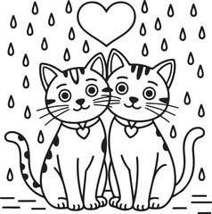 Obraz premium Cat Couple Under Heart Rain line art, black outline, vector and illustration, coloring book page line art drawing