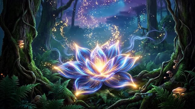 A glowing blue lotus flower illuminates the dark forest with vibrant colors and sparkling lights