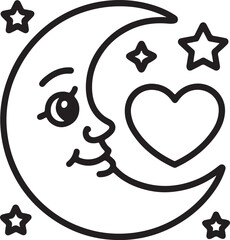Cute Moon Love Scene line art, black outline, vector and illustration, coloring book page line art drawing