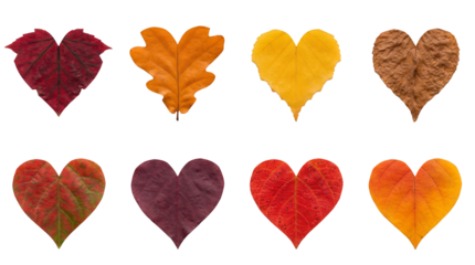 Autumn leaf heart set including oak, maple, and birch varieties in red, orange, and yellow tones. Fall season nature and love concept collection.