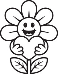 Happy Flower Holding Heart line art, black outline, vector and illustration, coloring book page line art drawing
