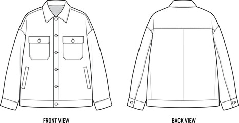 Classic jacket technical drawing, front and back view, flap and welt pockets, yoke seam, flat vector illustration