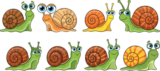 Cute Cartoon Snail Vector Set with Big Eyes Colorful Spiral Shells Funny Garden Characters Illustration © Sumon Creative