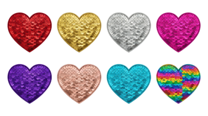 Heart sequin patch set including red, gold, silver, pink, purple, rose, turquoise, and rainbow colors. Fashion embellishment and craft collection.