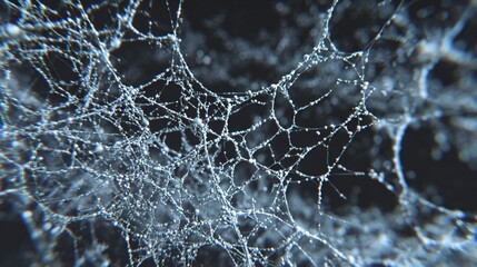 Close-up of a delicate spider web, intricately woven against a blurred, dark background