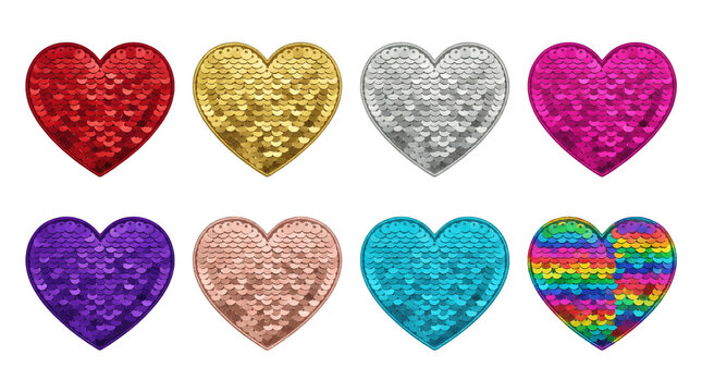 Heart sequin patch set including red, gold, silver, pink, purple, rose, turquoise, and rainbow colors. Fashion embellishment and craft collection.