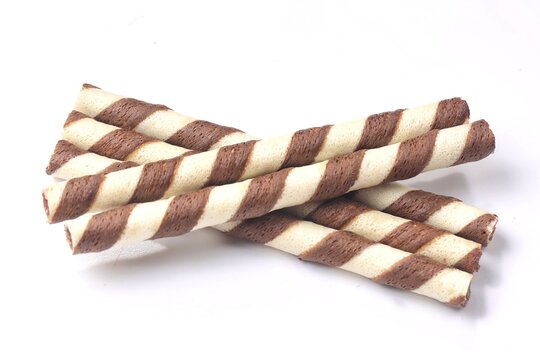 Wafer rolls, striped chocolate and vanilla wafer sticks