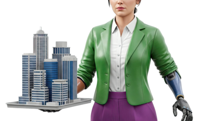 Woman with Robotic Arm Holds Miniature Cityscape
