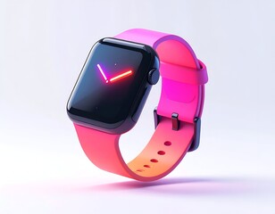 A glossy smartwatch with a bright pink strap, displaying a neon clock