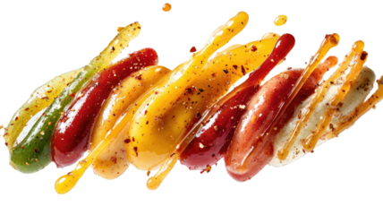 Array of vibrant sauces artfully arranged with speckled seasonings on black