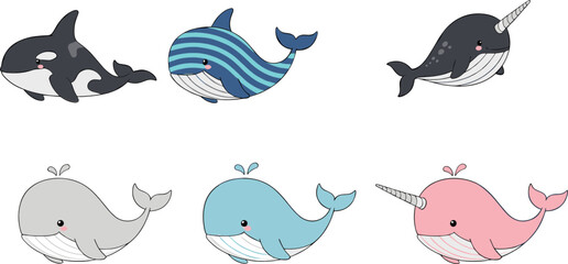 Cute Cartoon Whale and Dolphin Vector Set with Smiling Marine Animals Narwhal Illustration Collection © Sumon Creative