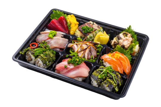 Bento box filled with assorted sushi and Japanese delicacies, close-up shot - Powered by Adobe