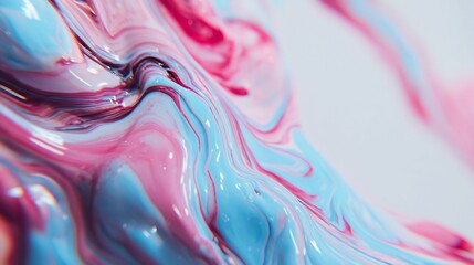 Close-up of glossy, swirling abstract fluid art in shades of pink, white, and blue, creating waves