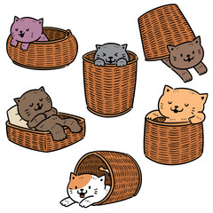 vector set of cat and wicker basket