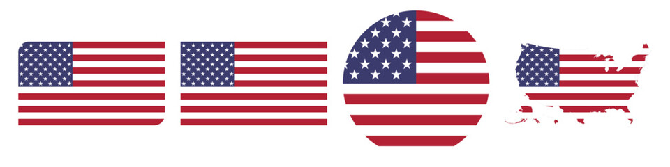 US circular flag, US rectangular flag, US map flag flat icon