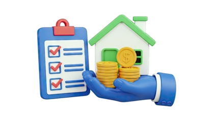 3D Illustration: House, Coins, Checklist, and Hand