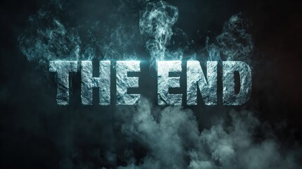 THE END" text in icy font with blue glow amidst swirling smoke against dark background