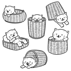 vector set of cat and wicker basket
