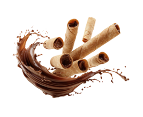 Rolled wafers filled with chocolate erupting from liquid chocolate