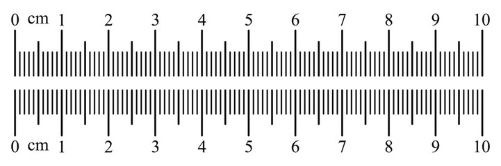 Measurement ruler chart displaying a 10 centimeter scale with clear numeric markings. Simple and precise length measurement concept suitable for mathematics, education, sewing, sizing