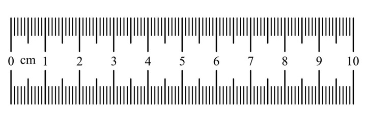 Measurement ruler chart displaying a 10 centimeter scale with clear numeric markings. Simple and precise length measurement concept suitable for mathematics, education, sewing, sizing