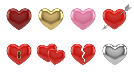 Heart icon set including red, gold, pink, silver, broken, locked, and cupid arrow variants. Romantic love symbols for Valentines Day and wedding design.