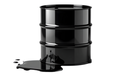 A dark, rusty metallic barrel with thick black liquid, likely oil, spilling from the top and dripping down the side onto the ground.