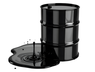 A dark, rusty metallic barrel with thick black liquid, likely oil, spilling from the top and dripping down the side onto the ground.