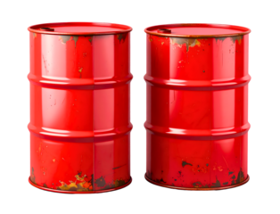 Two Red Metal Barrels Industrial Storage Containers Fuel Chemical Drums Steel Metallic Shiny on transparent background