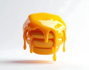 Three-tiered stack, dripping golden liquid, against a white background