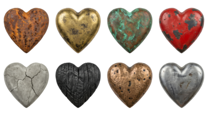 Heart shape set including rusted metal, brass, copper, painted, concrete, charred wood, and steel variants isolated. Romantic symbol and industrial texture collection.