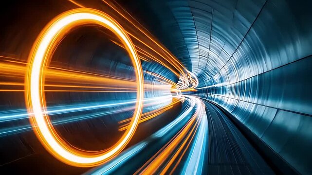 Dynamic Orange Ring Light Streaks Illuminate Futuristic Subway Tunnel with Blue Hues and Geometric Patterns Creating a Sense of Speed and Motion in Urban Transportation Infrastructure