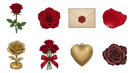 Red rose and floral accessory set including stem, blossom, envelope, petal, gold sculpture, bouquet, locket, and dried flower isolated. Romantic valentine and wedding collection.