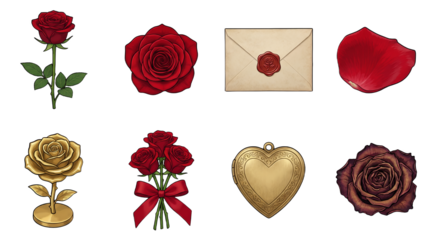 Red rose and floral accessory set including stem, blossom, envelope, petal, gold sculpture, bouquet, locket, and dried flower isolated. Romantic valentine and wedding collection.
