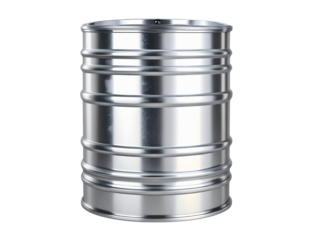 Isolated steel barrel drum or metal tank, industrial container for liquid storage or transportation