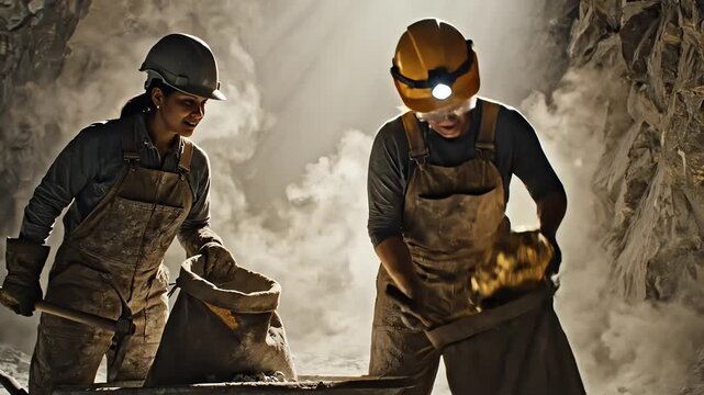 A Miner Discovering Gold Ore Inside a Cave