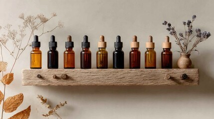 Amber dropper bottles, on wood shelf, natural light, with dried flora