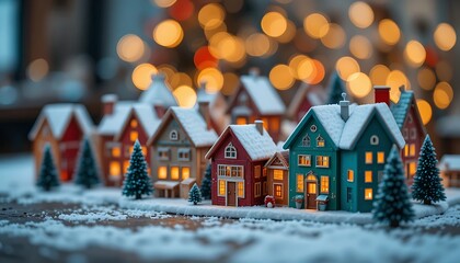 Miniature Christmas Village with Snowy Houses and Warm Lights in Festive Setting