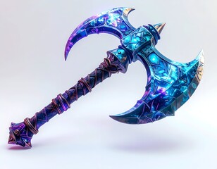 Ornate, glowing fantasy axe with space-like energy, on white background