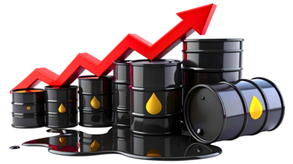 Crude oil drums isolated on transparent background. Rising oil prices concept. 3D illustration