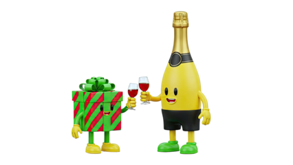 Cartoon gift box and champagne bottle toasting with wine