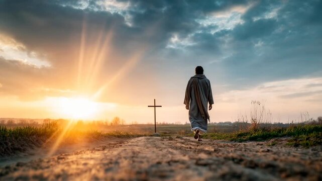 Solitary Jesus figure walks along dirt path toward cross at sunrise symbolizing spiritual journey faith hope and determination through everyday life