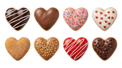 Heart shaped donut set including chocolate, strawberry, vanilla, and cinnamon toppings isolated. Sweet valentines day dessert and bakery collection.