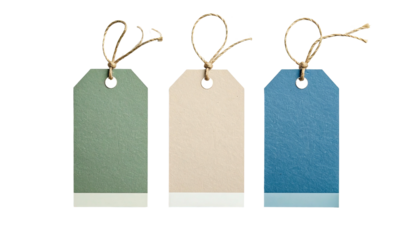 Three textured paper tags, tied with twine, each with a white band